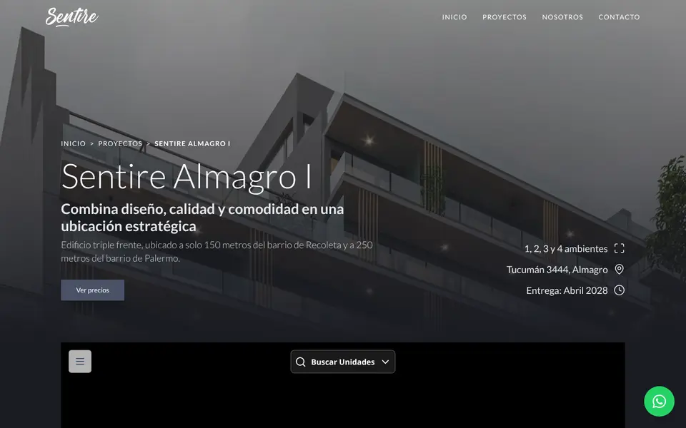 Captura del sitio de Sentire Almagro: foto de un edificio de departamentos en esquina, titular «Sentire Almagro I» y botón «Ver precios»